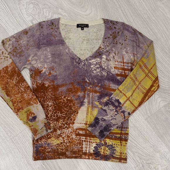 Etro Sweaters - Elegant V-Neck Sweater in Purple, Brown, and Yellow